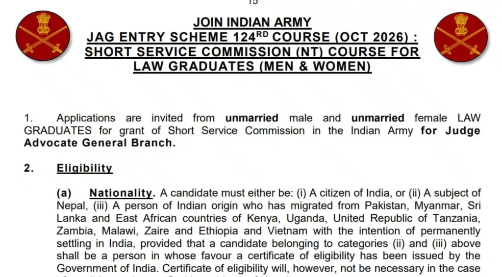 Indian Army JAG Entry 124th Course 2026